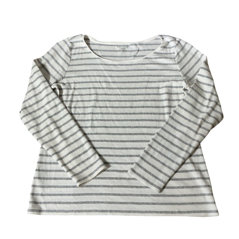 Eileen Fisher Organic Cotton Striped Long Sleeve Top Womens Medium White Grey
